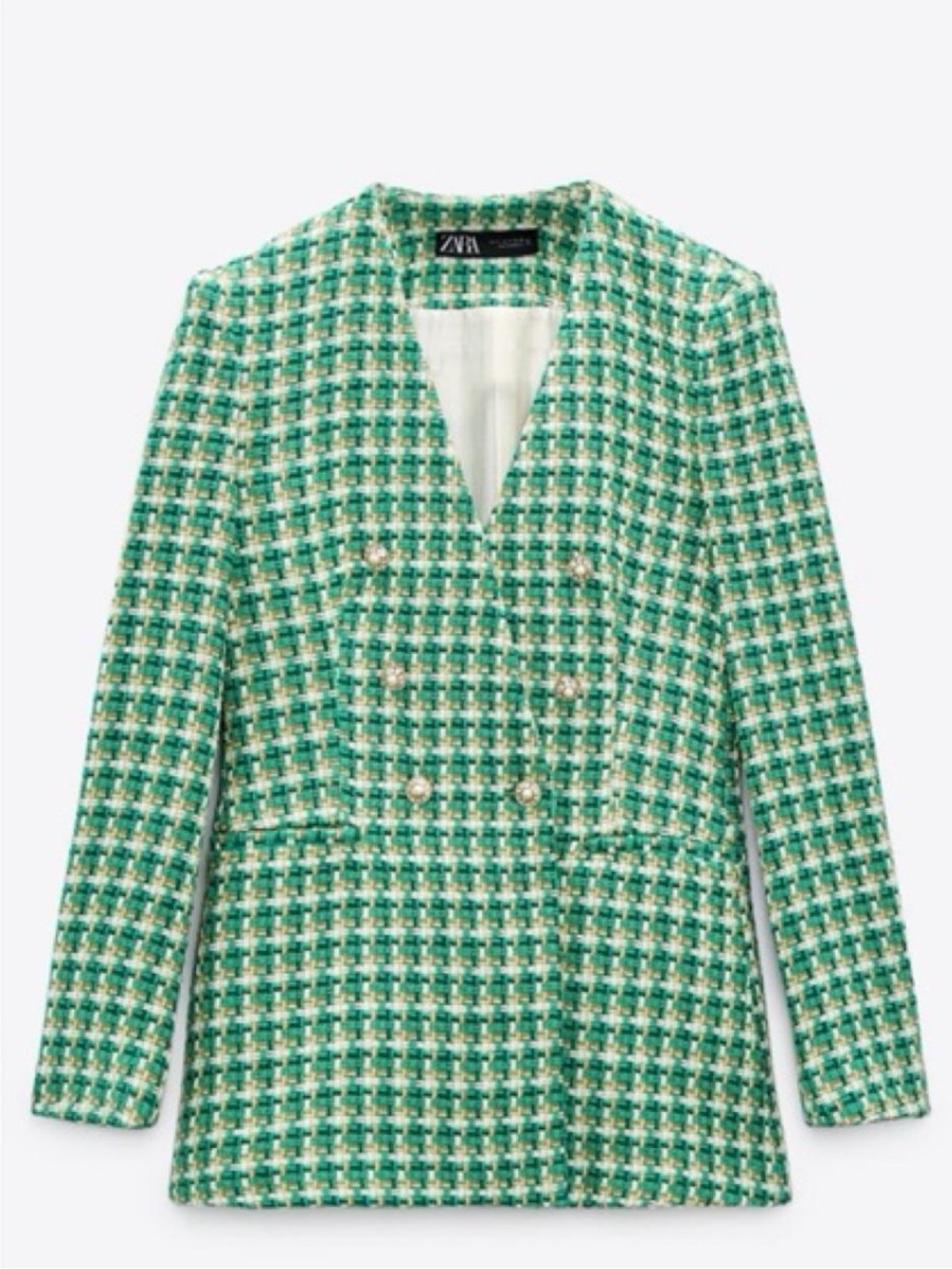 Zara Green & White Tweed Double-Breasted Blazer